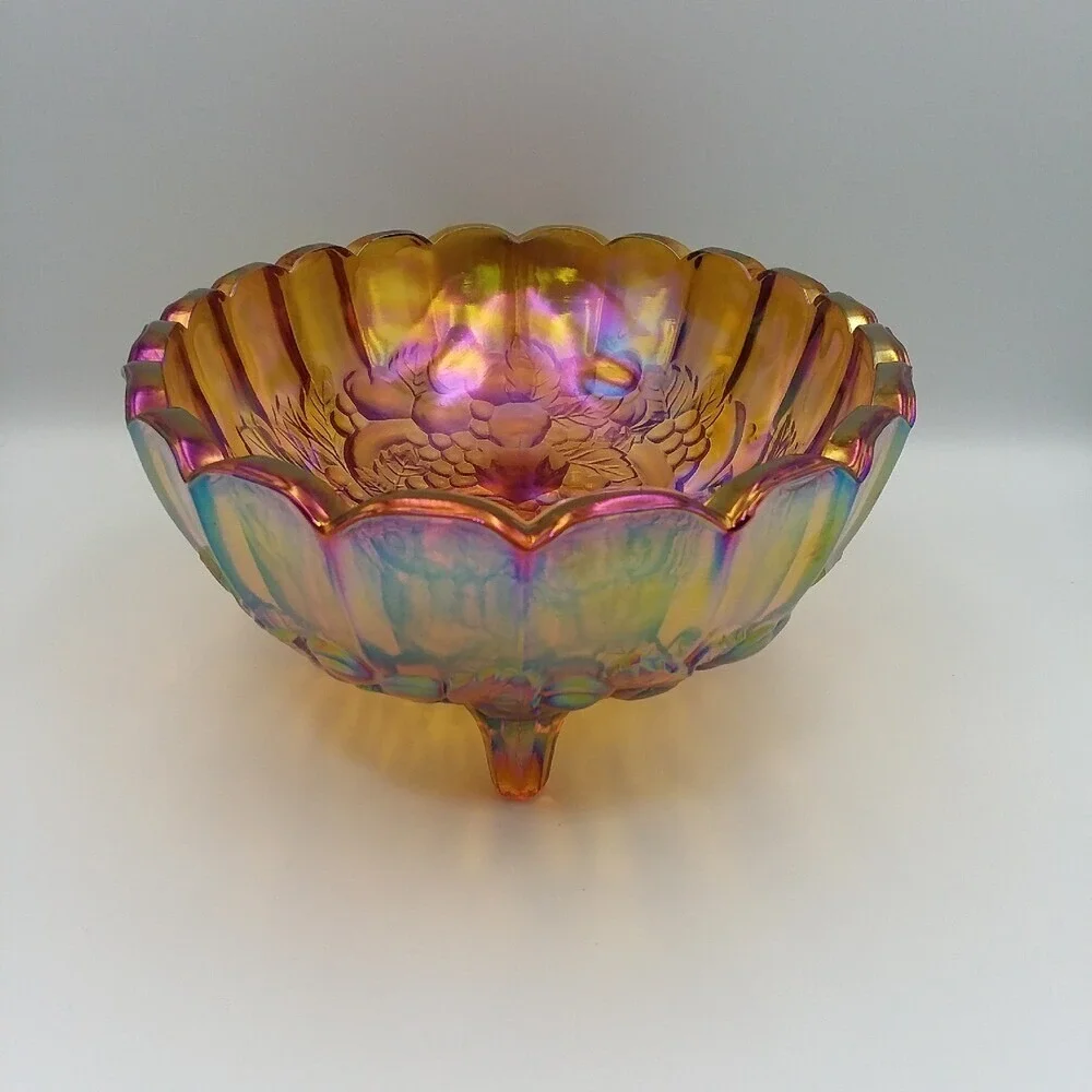 Vintage Iridescent Carnival Glass Bowl Oval Footed Harvest Grape Fruit ‎ 12x9